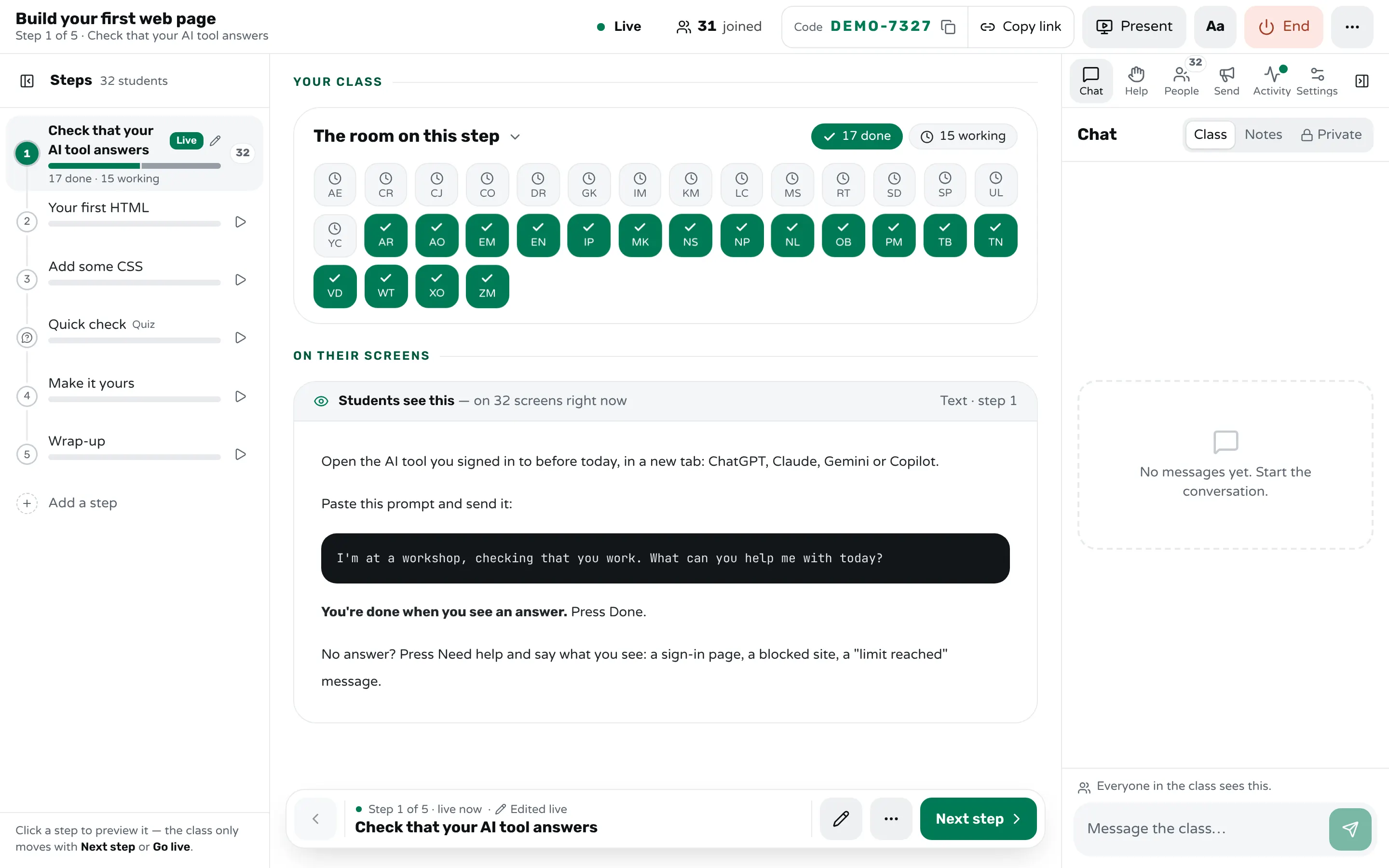 The teacher's screen in Workshopy on step 1, "Check that your AI tool answers": the prompt everyone pastes, "I'm at a workshop, checking that you work. What can you help me with today?", the check "You're done when you see an answer", and the room's tiles, 17 done and 15 still working.