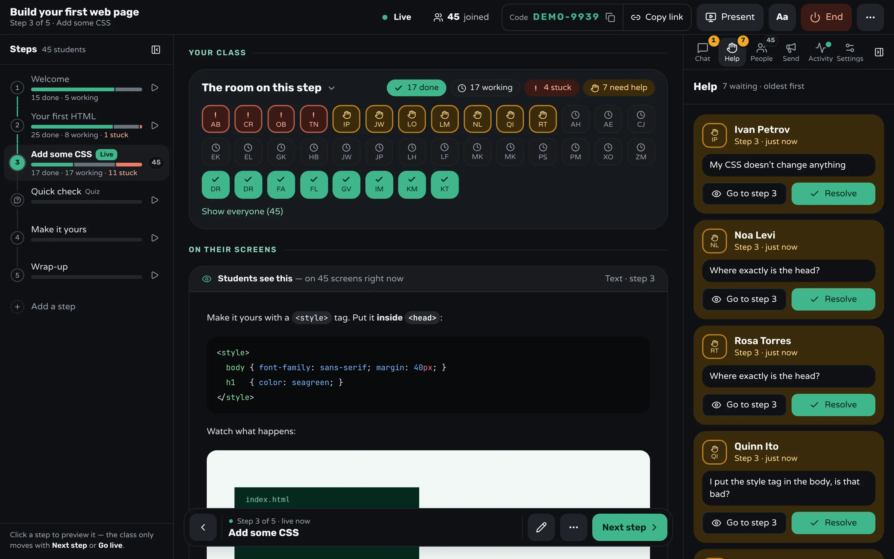 Workshopy's teacher screen on a coding step: the code students see, the room with students working, stuck or asking for help, and the Help tab listing two requests oldest first with Resolve buttons.