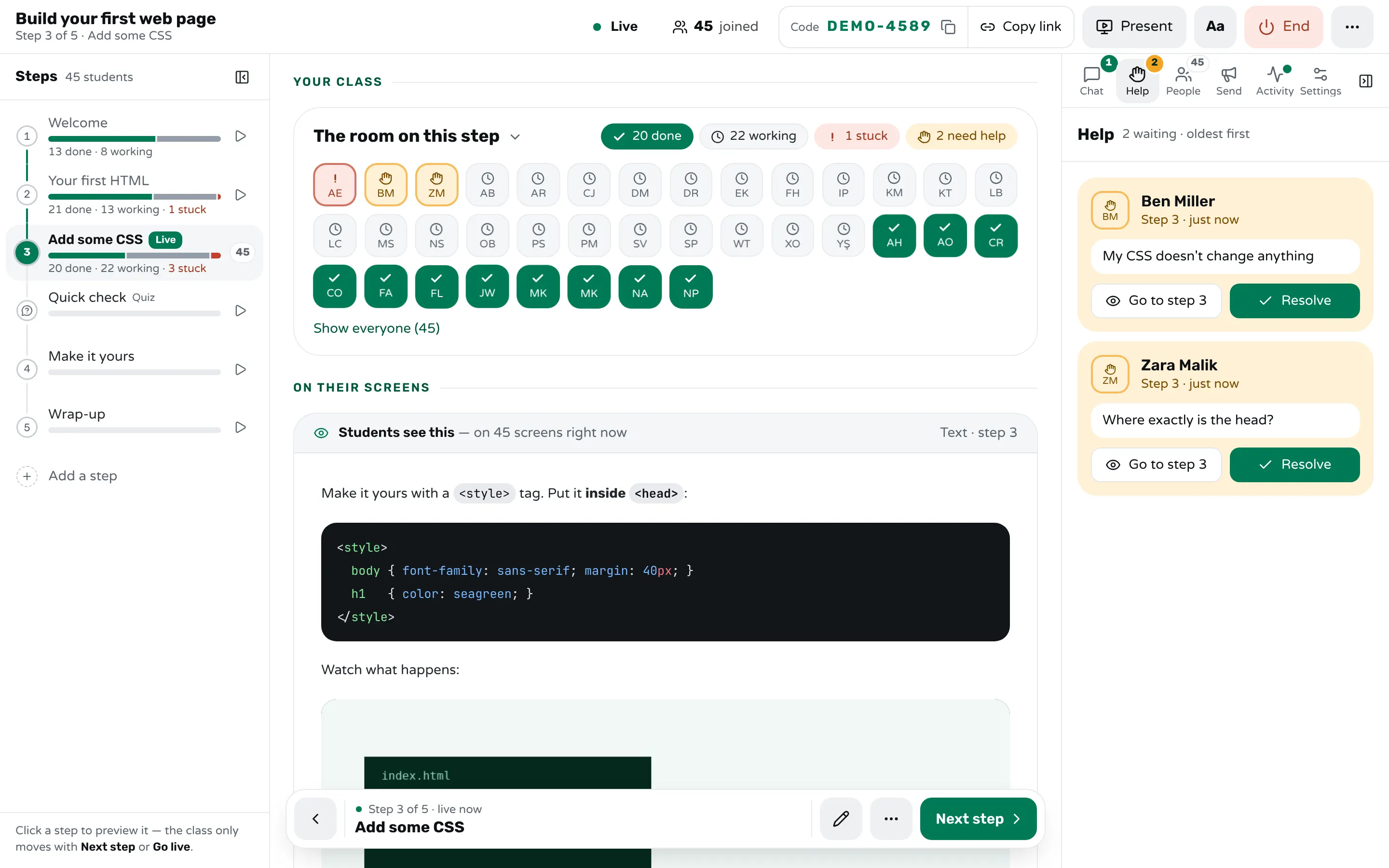 Workshopy's teacher screen on a coding step: the code students see, the room with students working, stuck or asking for help, and the Help tab listing two requests oldest first with Resolve buttons.