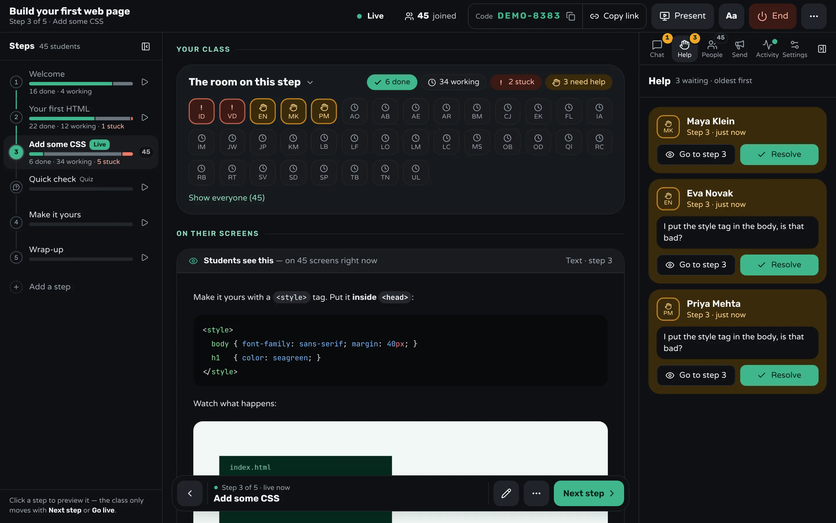 Workshopy's teacher screen on a step about CSS: the room with students done, working, stuck or asking for help, and the Help tab listing three requests oldest first, each with the student's note, Go to step 3 and Resolve.