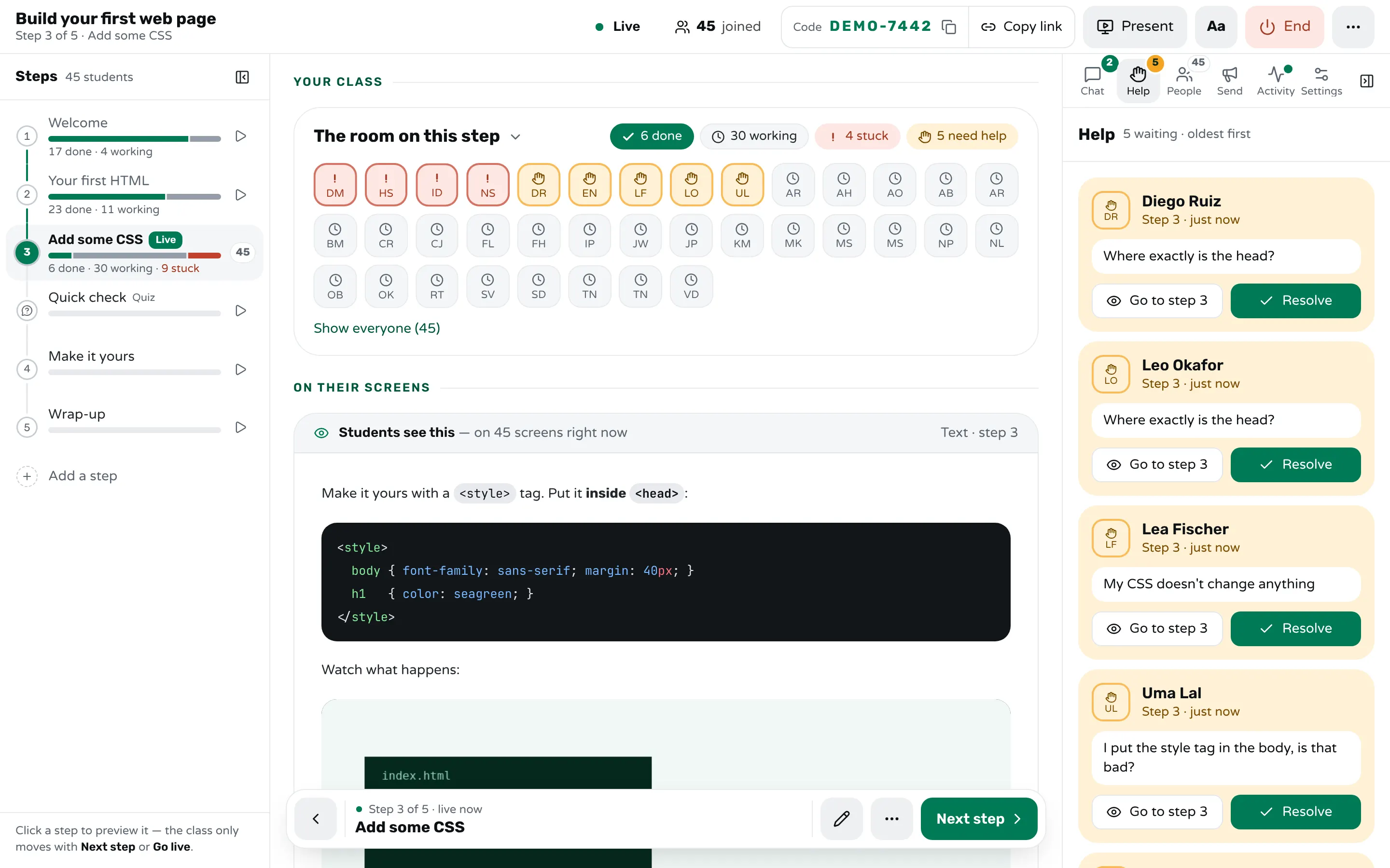 Workshopy's teacher screen on a step about CSS: the room with students done, working, stuck or asking for help, and the Help tab listing three requests oldest first, each with the student's note, Go to step 3 and Resolve.